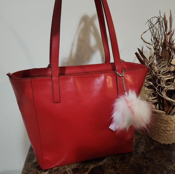 Kate Spade Cherry Red Leather Tote with Floral Charm EUC - Picture 9 of 16